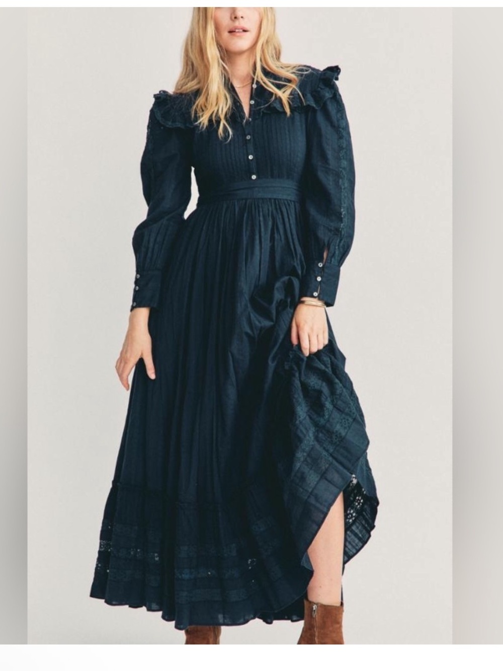 LoveShackFancy Black Button-Front Maxi Dress with Waist Tie